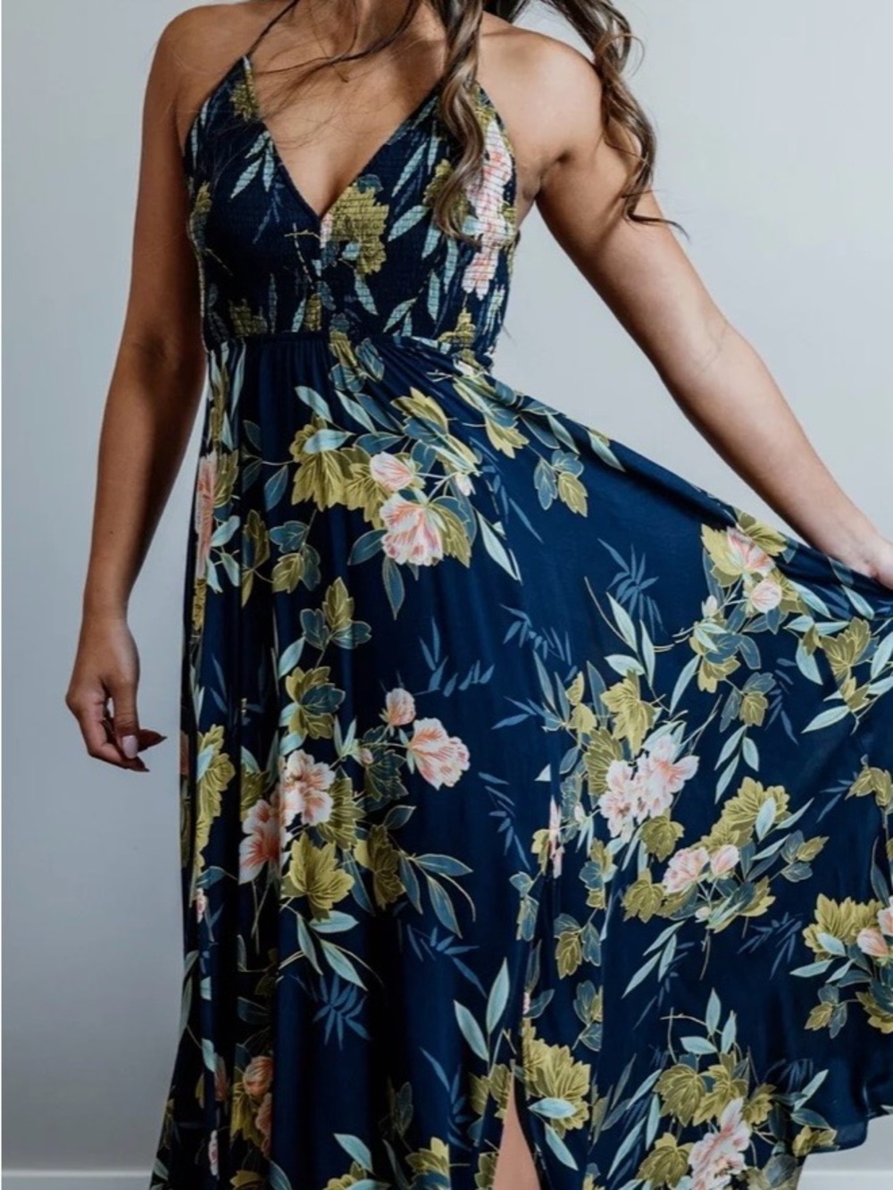 Aakaa Navy Floral Halter Maxi Dress with Green and Blush Blossoms